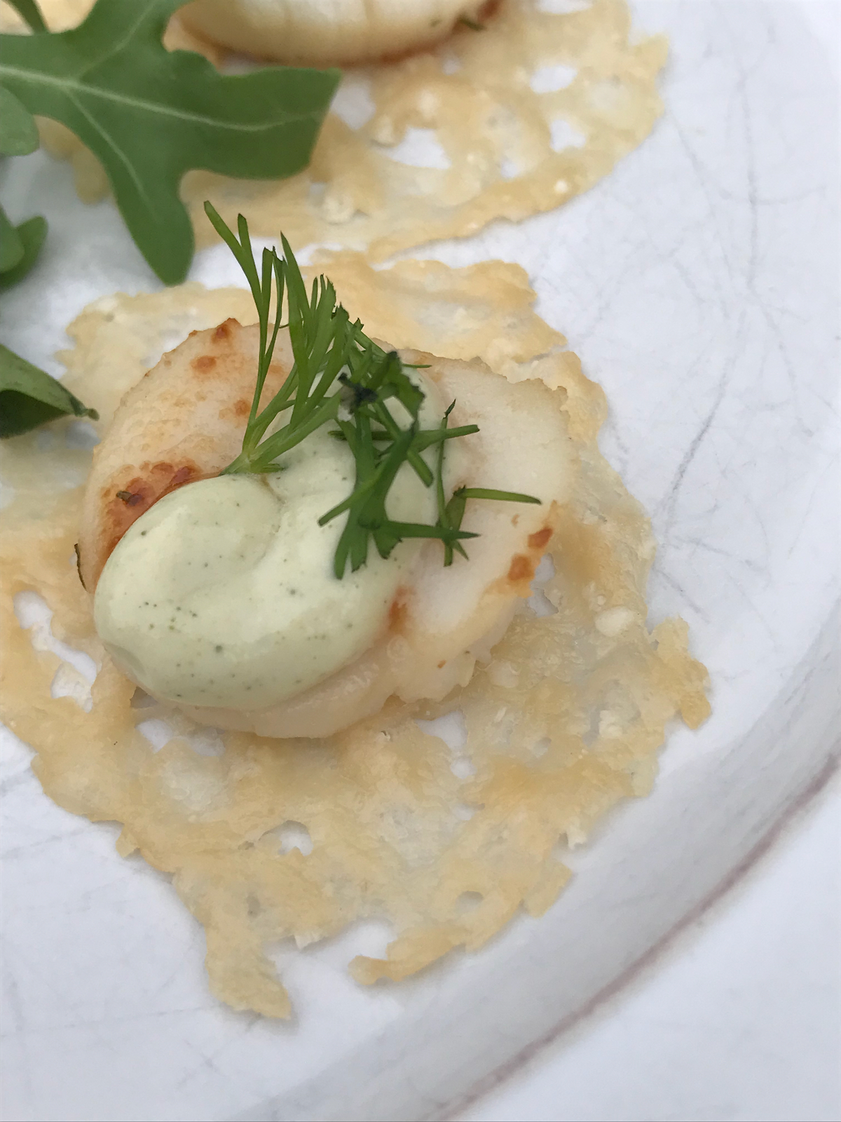 Seared Sea Scallop with Wasabi Cream and Dill on Parmesan Crisp Rounds Impromptu Friday Nights